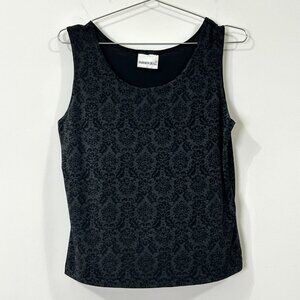 VTG FASHION BUG 90s Sleeveless Blouse Sz L Black Floral Silky Shell Round Neck